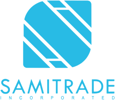 Blue geometric logo with diagonal lines forming a stylized shape above the text "SAMITRADE INCORPORATED" in capital letters.